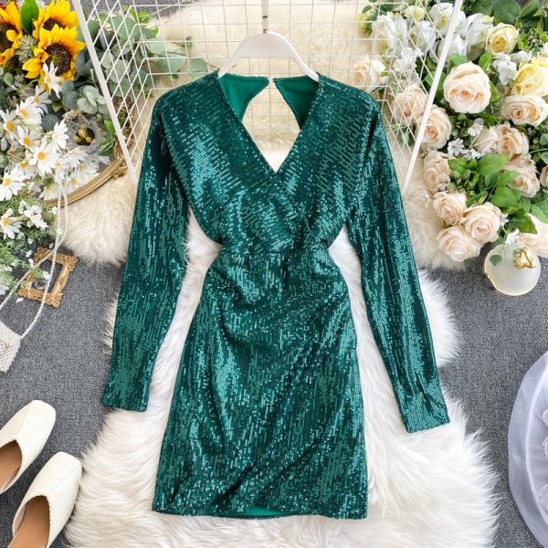 Rochie formala de dama cu paiete si decolteu in V in verde, gri si rosu