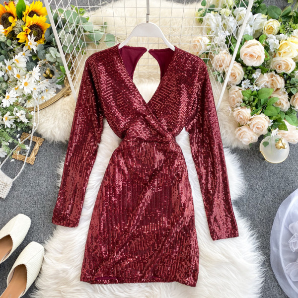 Rochie formala de dama cu paiete si decolteu in V in verde, gri si rosu