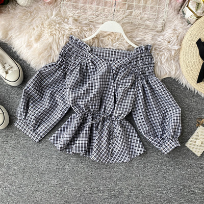 Cămașă de damă modernă în carouri cu umerii goi și cravate în cinci culori