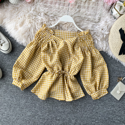 Cămașă de damă modernă în carouri cu umerii goi și cravate în cinci culori