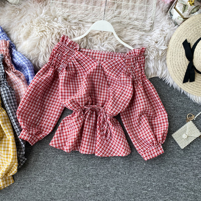 Cămașă de damă modernă în carouri cu umerii goi și cravate în cinci culori