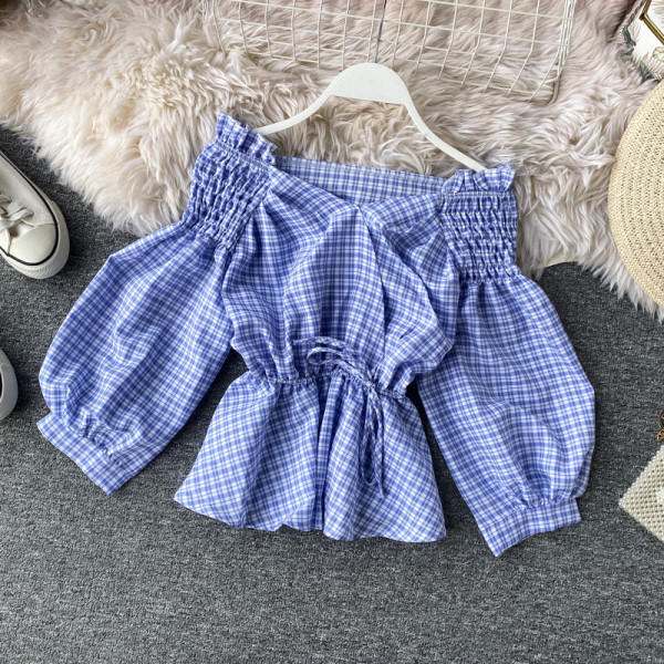 Cămașă de damă modernă în carouri cu umerii goi și cravate în cinci culori