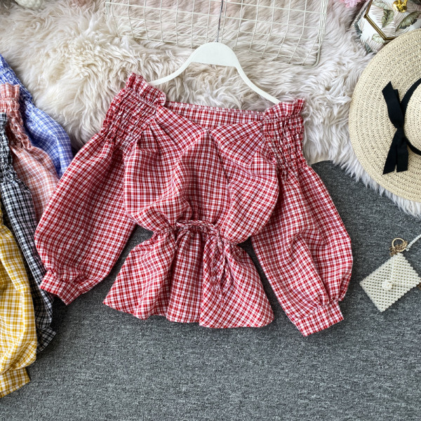 Cămașă de damă modernă în carouri cu umerii goi și cravate în cinci culori