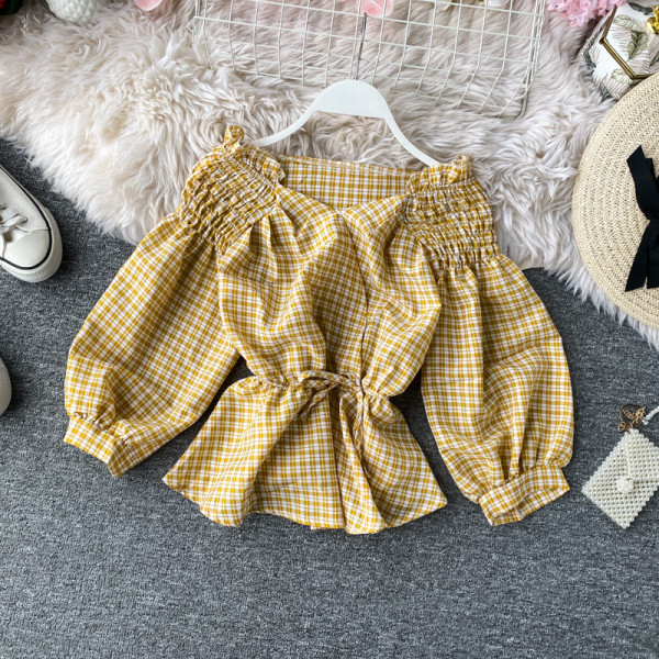 Cămașă de damă modernă în carouri cu umerii goi și cravate în cinci culori