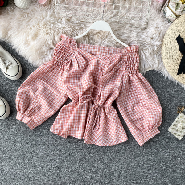 Cămașă de damă modernă în carouri cu umerii goi și cravate în cinci culori