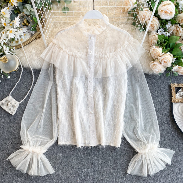 Cămașă de damă în negru, alb și bej cu mâneci din tul și perle