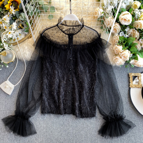 Cămașă de damă în negru, alb și bej cu mâneci din tul și perle