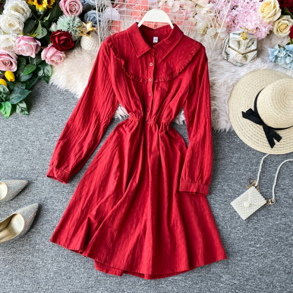 Rochie moderna de dama cu nasturi si guler clasic in albastru, rosu si galben