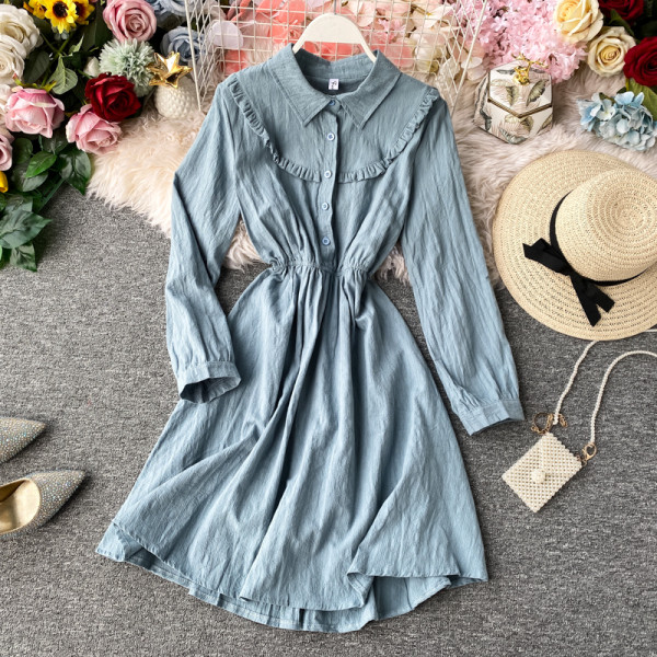 Rochie moderna de dama cu nasturi si guler clasic in albastru, rosu si galben