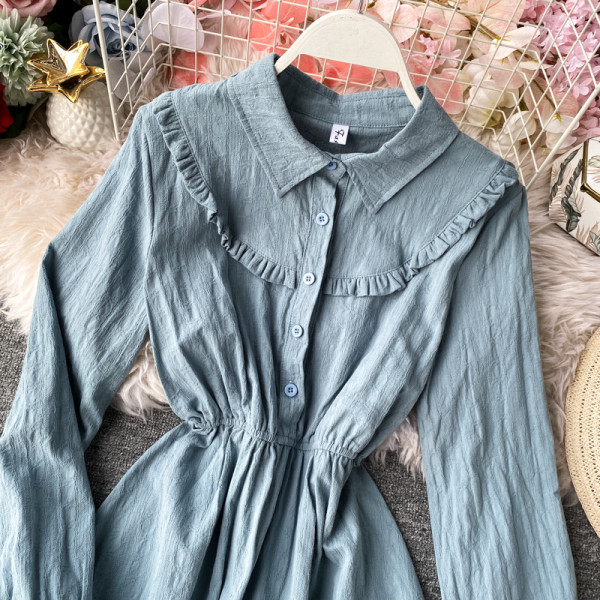 Rochie moderna de dama cu nasturi si guler clasic in albastru, rosu si galben