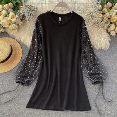 Rochie casual de damă, cu mâneci lungi și particule strălucitoare în negru și roz