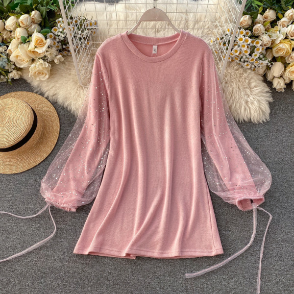 Rochie casual de damă, cu mâneci lungi și particule strălucitoare în negru și roz