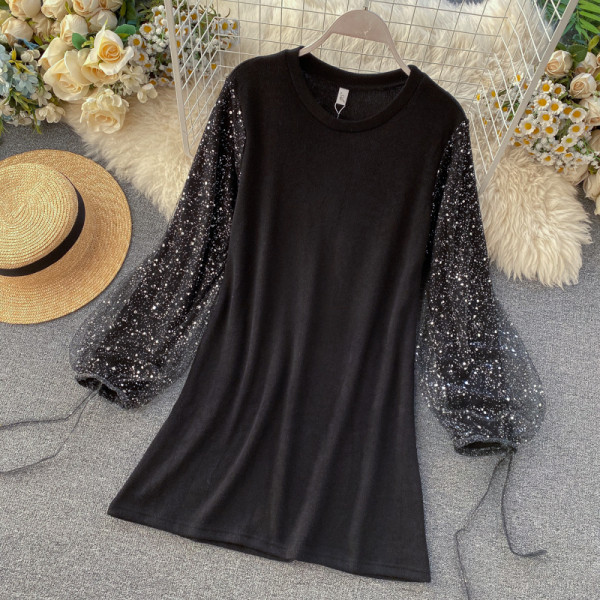 Rochie casual de damă, cu mâneci lungi și particule strălucitoare în negru și roz