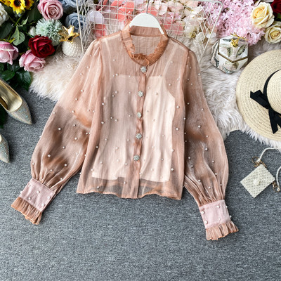 Új modell női ing gombokkal és gyöngyökkel fehér és fekete színben