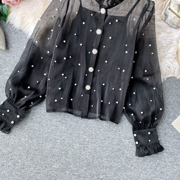 Új modell női ing gombokkal és gyöngyökkel fehér és fekete színben