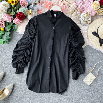 Cămașă lungă de damă casual cu nasturi și mâneci largi în alb și negru