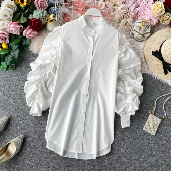 Cămașă lungă de damă casual cu nasturi și mâneci largi în alb și negru