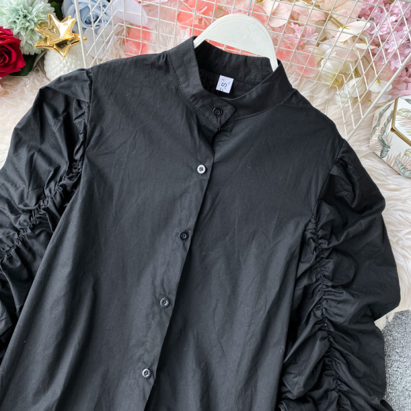 Cămașă lungă de damă casual cu nasturi și mâneci largi în alb și negru