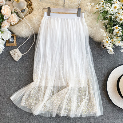 Női pöttyös szoknya magas gallérral és tüllel rózsaszín, bézs, fehér, szürke és fekete színekben