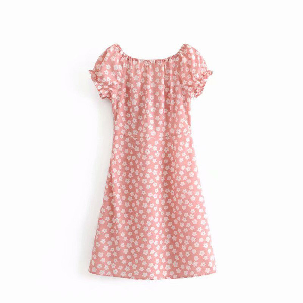 Rövid tavaszi nyári ruha rövid ujjú, csupasz vállú rózsaszín, virágmintás