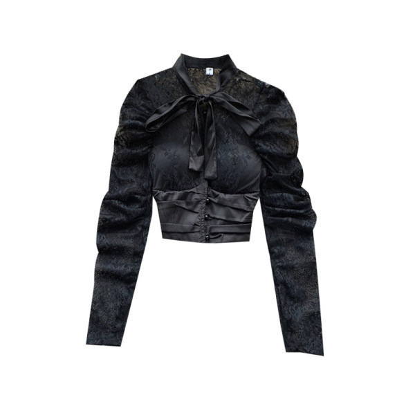 Modern női ing szalaggal és csipkeujjakkal, fehér és fekete színben