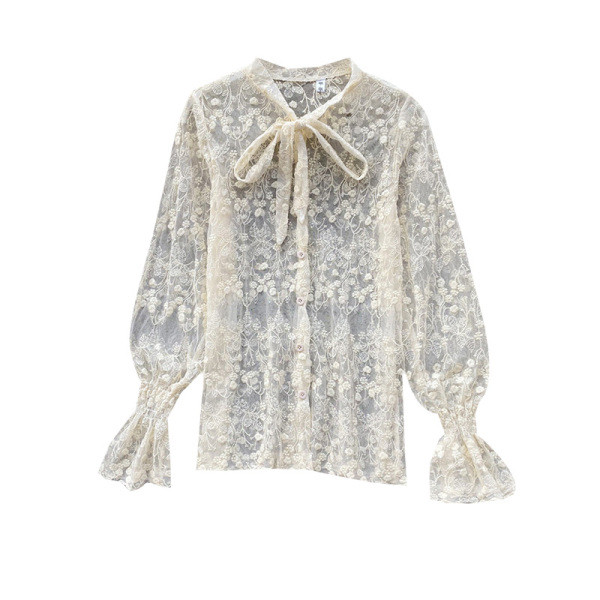 Cămașă de damă elegantă din dantelă cu panglică și mâneci lungi în alb și bej