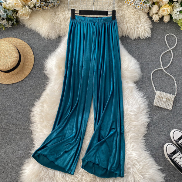 Női hosszú bársony nadrág magas derékkal, kék, bordó, szürke, sárga és zöld színben