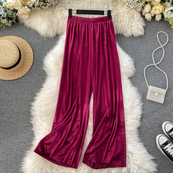 Női hosszú bársony nadrág magas derékkal, kék, bordó, szürke, sárga és zöld színben