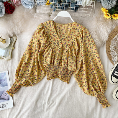 Női alkalmi rövid blúz spitz nyakkivágással és hosszú, széles ujjú bordó, szürke, sárga és fekete színben