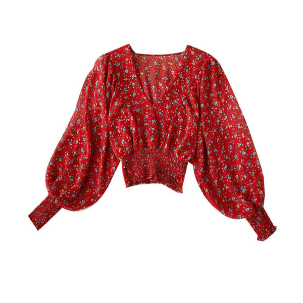 Női alkalmi rövid blúz spitz nyakkivágással és hosszú, széles ujjú bordó, szürke, sárga és fekete színben