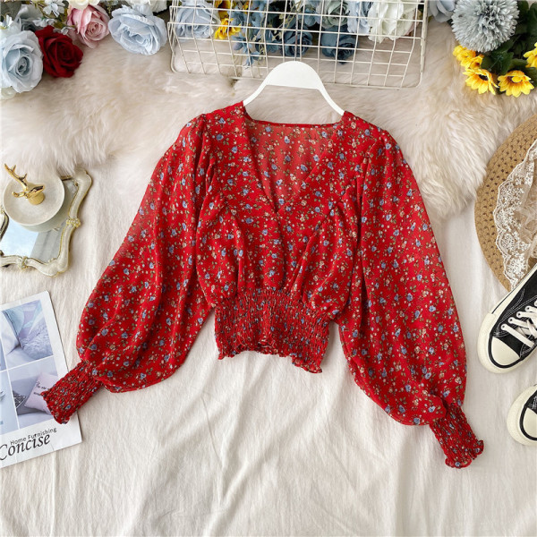 Női alkalmi rövid blúz spitz nyakkivágással és hosszú, széles ujjú bordó, szürke, sárga és fekete színben