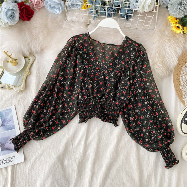 Női alkalmi rövid blúz spitz nyakkivágással és hosszú, széles ujjú bordó, szürke, sárga és fekete színben