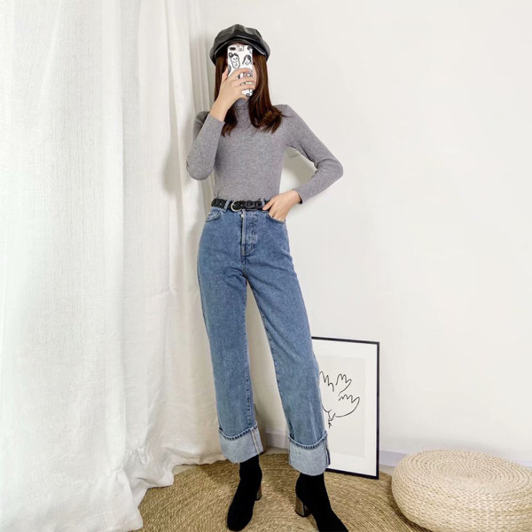 Blugi casual de dama model drept cu talie inalta in albastru