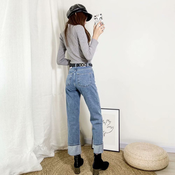 Blugi casual de dama model drept cu talie inalta in albastru