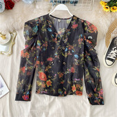 Modern női sifon ing virágmintával és spitz nyakkivágással fekete és bézs színben