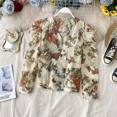 Modern női sifon ing virágmintával és spitz nyakkivágással fekete és bézs színben