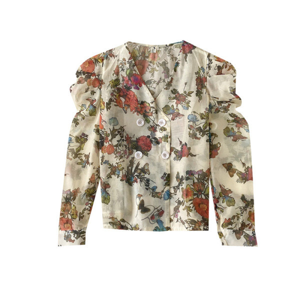 Modern női sifon ing virágmintával és spitz nyakkivágással fekete és bézs színben