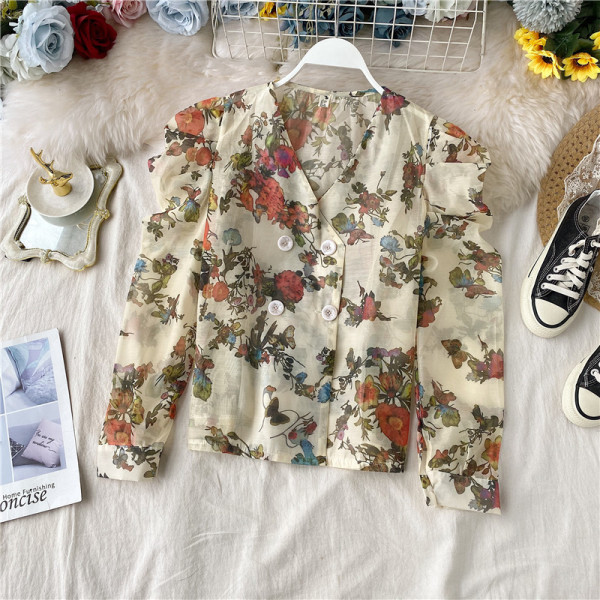 Modern női sifon ing virágmintával és spitz nyakkivágással fekete és bézs színben