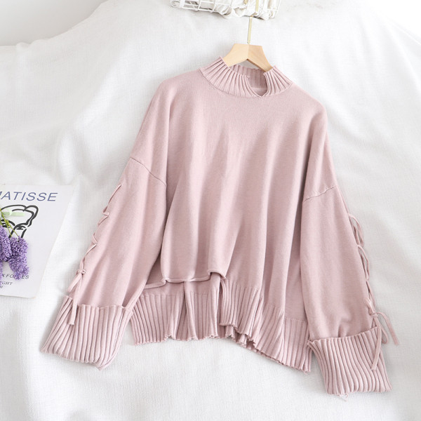 Női pulóver széles modell több színben nyakkendővel és alacsony gallérral