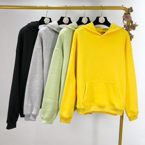 Női alkalmi őszi-téli pulóver béléssel és kapucnival sárga, zöld, kék és fekete színben