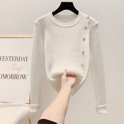 Női kötött pulóver gyöngy díszítéssel, ovális nyakkivágással