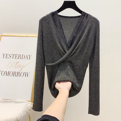 Modern női pulóver csipkével és V-nyakú kék, rózsaszín, fehér és fekete színekben