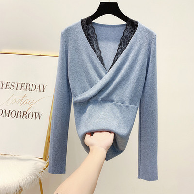 Modern női pulóver csipkével és V-nyakú kék, rózsaszín, fehér és fekete színekben