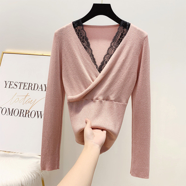 Modern női pulóver csipkével és V-nyakú kék, rózsaszín, fehér és fekete színekben