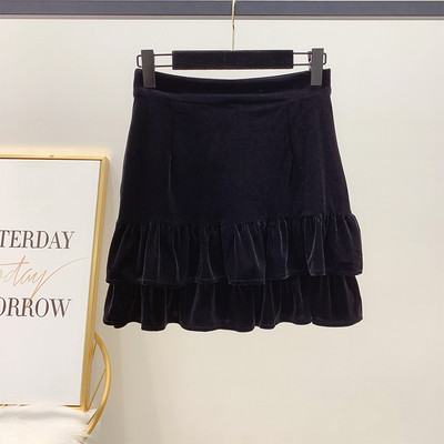 Fusta de dama din catifea cu talie inalta in negru si gri