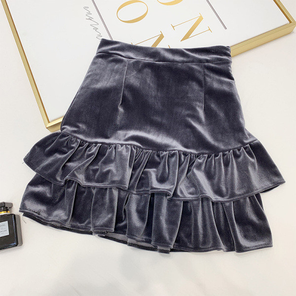 Fusta de dama din catifea cu talie inalta in negru si gri