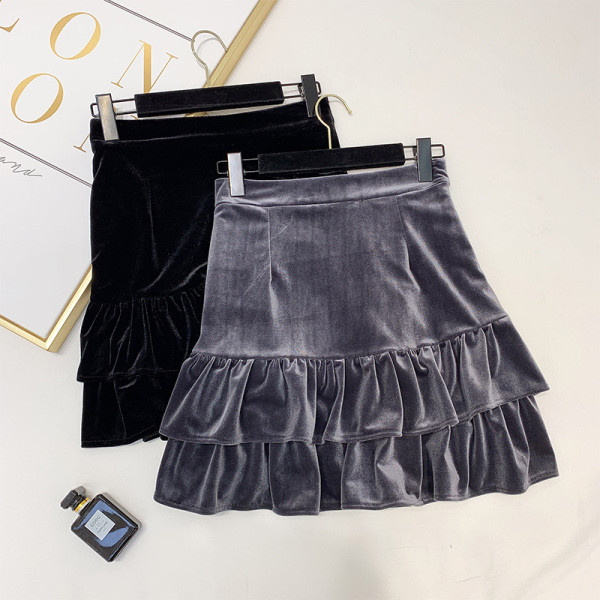 Fusta de dama din catifea cu talie inalta in negru si gri