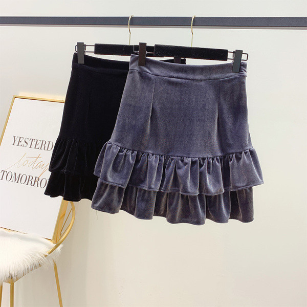 Fusta de dama din catifea cu talie inalta in negru si gri