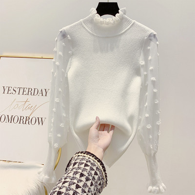 Női pulóver magas gallérral és széles ujjú fehér, rózsaszín, fekete és bézs színben