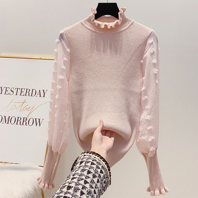 Női pulóver magas gallérral és széles ujjú fehér, rózsaszín, fekete és bézs színben